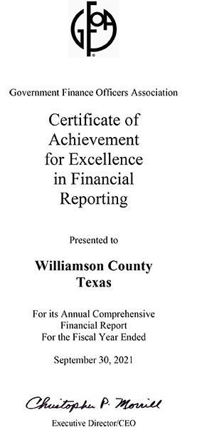 ACFR 2021 Award for Outstanding Achievement in Popular Annual Financial Reporting Presented to Williamson County Texas For its Annual Financial Report for the Fiscal Year Ended September 30, 2021
