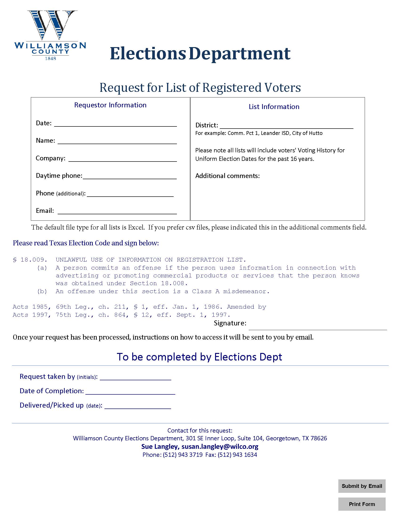 Image of the Request for List of Registered Voters form