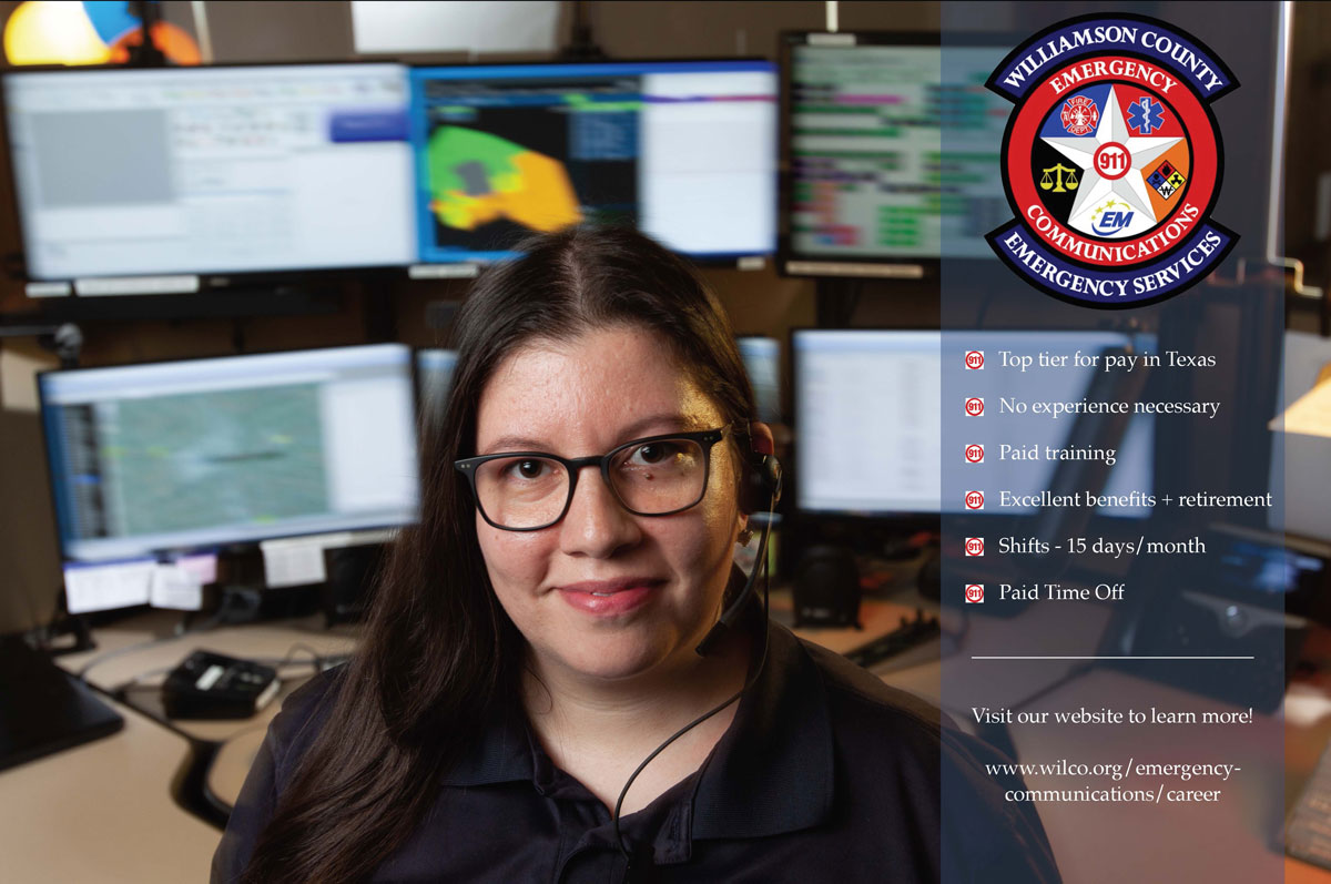 Image with the Emergency Communications Patch, Text: Top Tier for pay in Texas, No Experience Necessary, Paid Training, Excellent benefits and Retirement, Shifts - 15 days a month, paid time off. Visit our website to learn more! http://www.wilco.org/emergency-communications/career