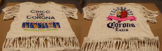 Front and back of the tshirt matching that of Corona Girl, hand shredded as hers was.