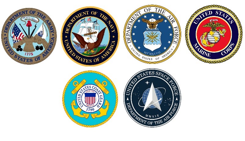 An array of Armed Services patches including the Army, Navy, Air Force, Marine Corps, Coast Guard, and Space Force.
